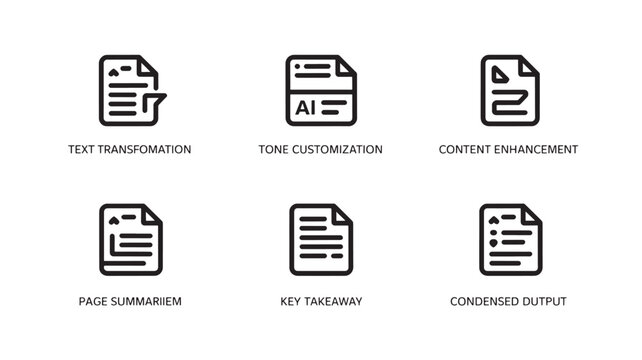 Document Analysis Icons for AI Content Optimization, Text Processing and Knowledge Management Vector Set