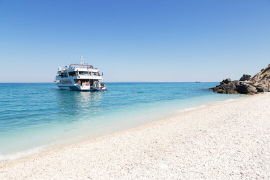 Tourist boat near a beach in summer, Zakynthos, Greek Islands, Greece