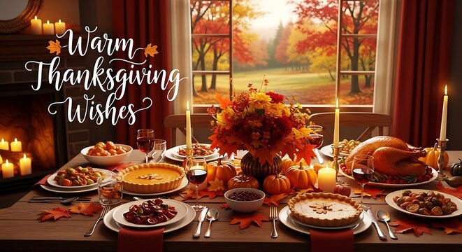 Warm Thanksgiving dinner table setting with food and decorations in cozy home interior