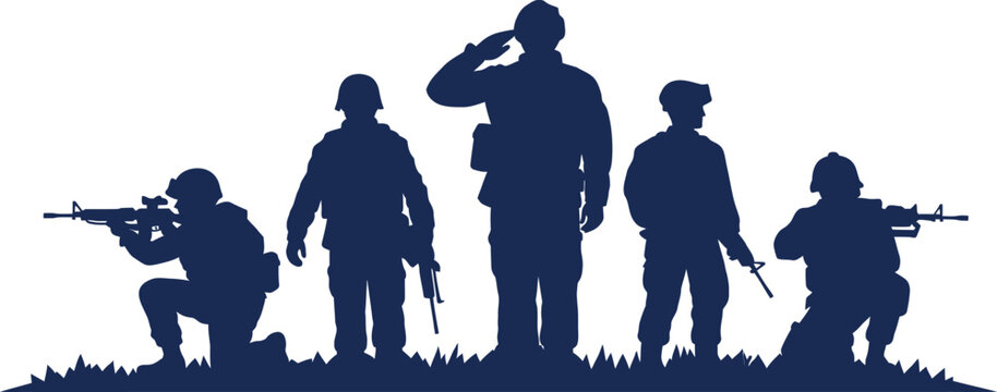 Group of army soldiers silhouettes standing on grass vector background with military troops