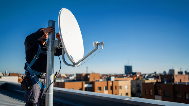 Technician installing a satellite dish on an urban rooftop. Professional repairman wearing safety gear performing maintenance on telecommunications equipment. Connectivity concept for tech marketing.