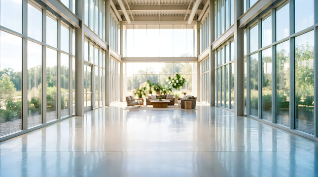 Modern Spacious Sunlit Atrium Lobby with Floor to Ceiling Glass Windows and Minimalist Furniture