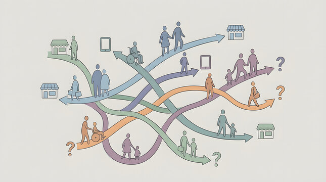 A conceptual illustration showing diverse people navigating multiple paths and decision points towards stores, symbolizing choices and journeys.