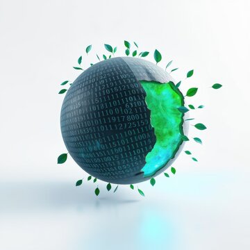 Globe depicts digital code merging with nature. Leaves surround sphere, symbolizing growth, technology intersection. Future concept.
