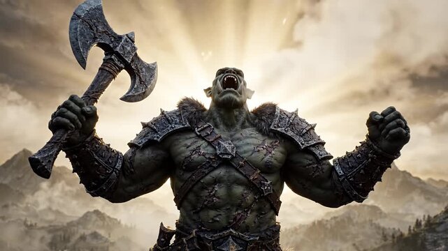 Powerful Green Orc Warrior Roaring Triumphant with Battle Axe Fantasy Scene
