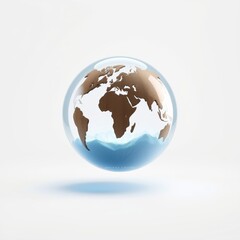 Fototapeta premium Glass globe depicts Earth. Continents visible, surrounded by blue water. Shadow suggests illumination, clean background.