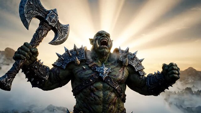 Powerful Orc Warrior Roaring with Battle Axe in Dramatic Fantasy Landscape