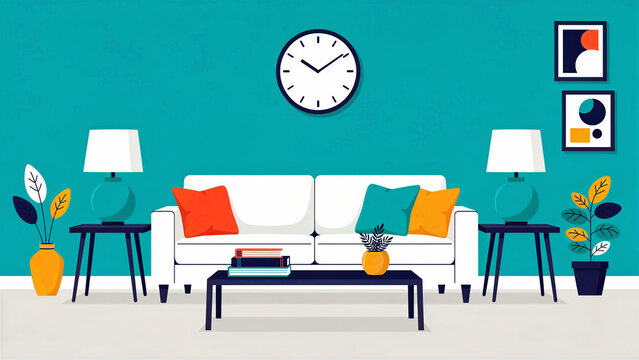 Modern living room illustration with a white sofa and colorful cushions. Minimalist interior includes a wall clock, side lamps, and indoor plants. Clean home decor concept for furniture marketing.