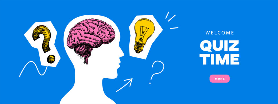 Trendy sketch collage quiz background. Profile human head, sketch brain lightbulb and question mark. Business solution, creative mind, brainstorm concept. Hand drawn vector illustration