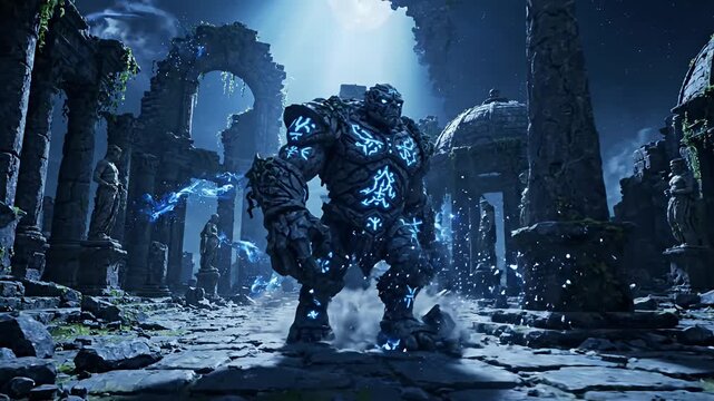 Mystical Giant Stone Golem with Glowing Blue Runes in Ancient Ruins