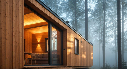 Fototapeta premium A modern wooden cabin with warm interior lighting stands in a misty pine forest during the early morning.