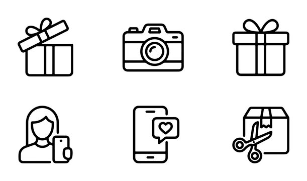 Gift Box, Camera, and Mobile Phone Icons: Vector Set for E-commerce, Photography, and Social Media Applications