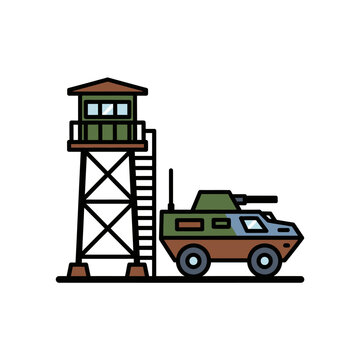 Military base illustration featuring armored vehicle and watchtower