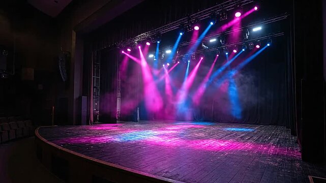 An empty theater stage illuminated by vibrant pink and blue lights