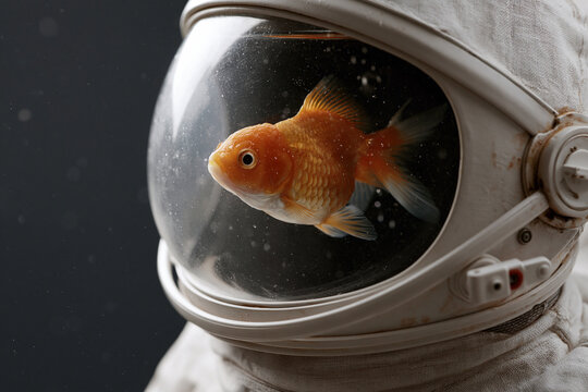 Golden fish swims calmly inside astronaut helmet. Transparent visor shows serene, curious creature. Dark space backdrop contrasts with warm fish color. Image blends science fiction with gentle