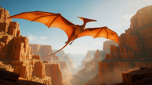 Majestic pterodactyl soaring over a vast red rock canyon under a clear blue sky. Prehistoric flying reptile gliding through a deep valley. Ancient wildlife concept for educational cinematic use.