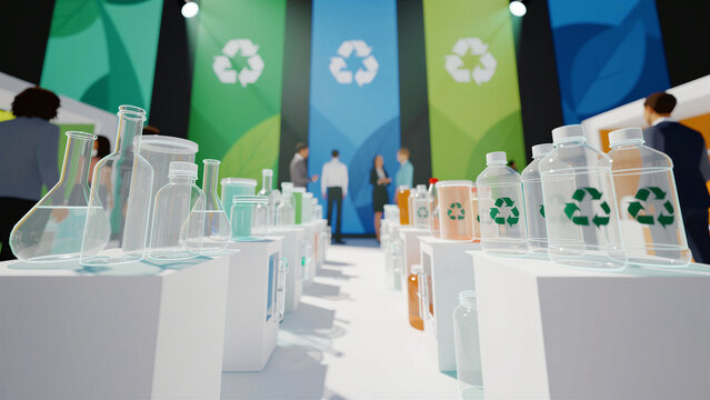 Recyclable plastic bottles and glassware at a sustainability expo. Containers with recycling symbols on display at a trade show. Circular economy concept for green business and eco marketing.