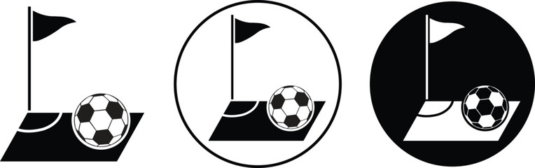 Football corner kick icons set in flat style. Featuring a soccer ball on a field pitch next to a corner flag silhouette for sports tournament design layouts vectors isolated on transparent background. © M