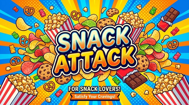 Colorful snack food illustration, snack attack theme, foodie graphics, colorful treats