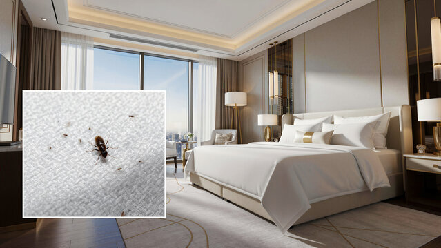 Bed bug infestation on white fabric in a luxury hotel bedroom. Insects crawling on bedding within a modern suite with city views. Travel hygiene and pest control concept for hospitality marketing.