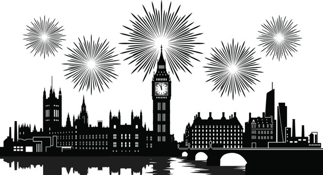 London Skyline Silhouette Vector with Fireworks over Big Ben Clock Tower Houses of Parliament and Bridge Reflection
