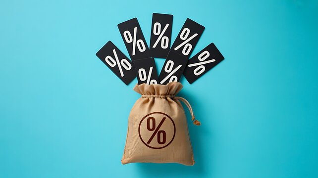 Discount and savings concept with percentage symbols in bag on blue background