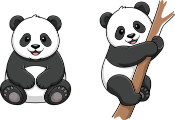Obraz premium Cute cartoon pandas sitting and climbing bamboo stick Vector