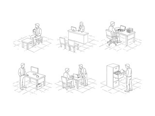 Obraz premium Office Scenes Isometric Line Drawings People Working, Meetings, and Filing Documents