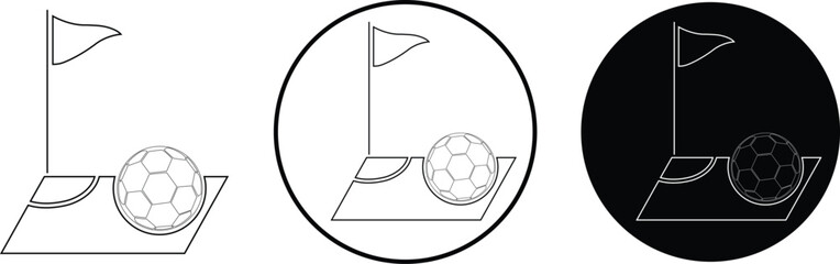Football corner kick icons set in line style. Featuring a soccer ball on a field pitch next to a corner flag silhouette for sports tournament design layouts vectors isolated on transparent background. © M