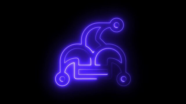 Neon jester hat glowing purple light animation on black background, joker 4k video ,