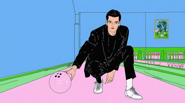An illustration of a person in a black suit squatting on a pink bowling lane, holding a pink bowling ball with black finger holes. Concept of bowling, an accessible and social hobby.