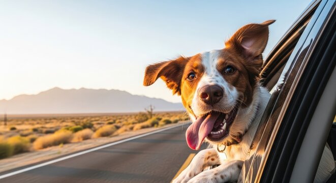 Happy dog enjoying summer vacation road trip canine companion with head out car window