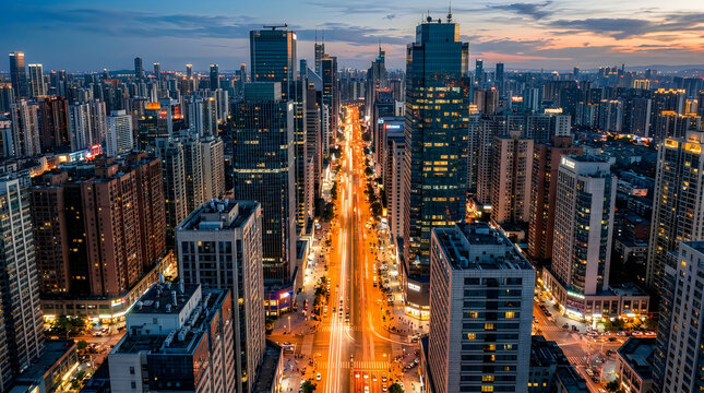 Breathtaking Aerial View of a Modern Metropolitan Cityscape at Twilight with Busy Illuminated Roads