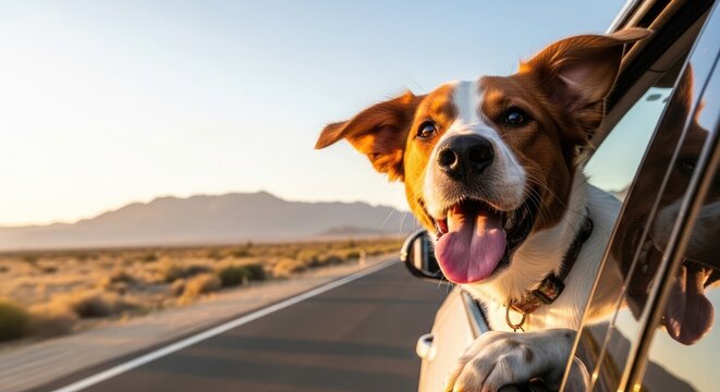 Happy dog enjoying summer vacation road trip scenic desert highway with canine companion