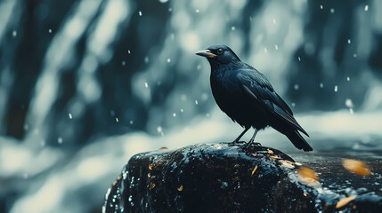 Obraz premium A Blackbird Perched on a Waterfall in a Winter Forest