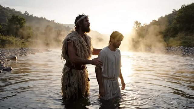 Spiritual Biblical Reenactment: John Baptizing Jesus in Jordan River at Dawn