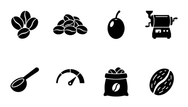 Coffee Icons Set: Beans, Grinder, Spoon, Bag, Gauge, Fruit, Single Bean Vector Graphics for Beverage and Cafe Concepts