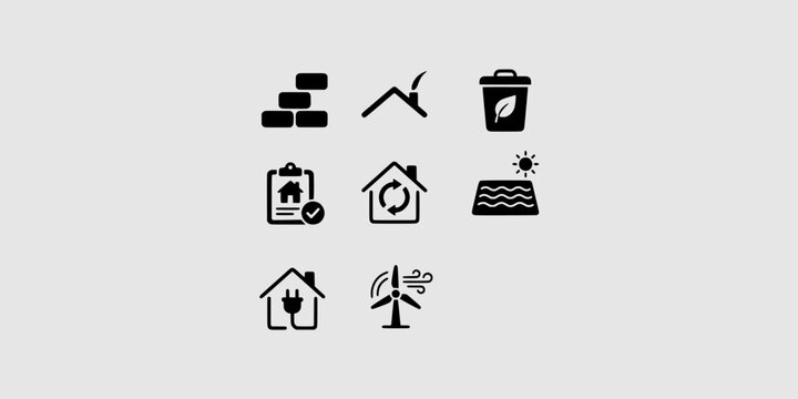 Icon set collection of sustainable housing and eco-friendly energy infrastructure, featuring solar systems, wind turbines, and green home maintenance.