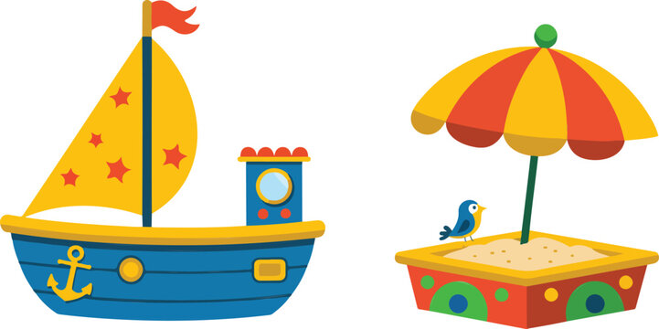 Colorful cartoon sailboat and sandpit with umbrella and bird illustration Vector