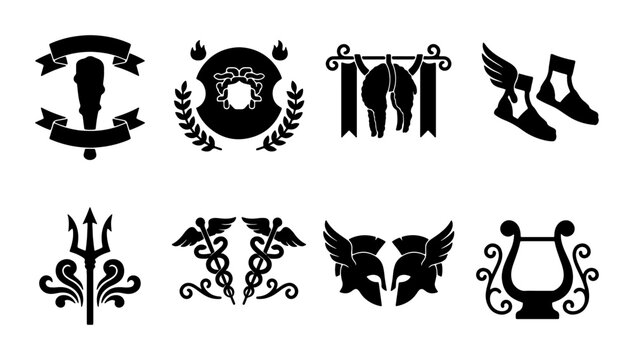 Ancient Greek Symbols Vector Icons Set: Mythology, History, Culture, Classical Design Elements