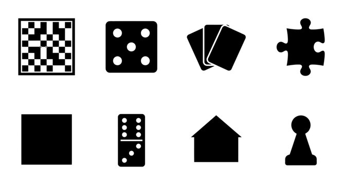 Game Icons Set: Board Game, Dice, Cards, Puzzle, Dominoes, Pawn, House Shape, Blank Square Vector Graphics