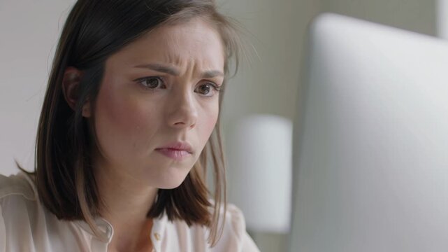 Young Caucasian woman with brown hair focuses intently on computer screen, displaying a range of expressions while working in a bright indoor office environment