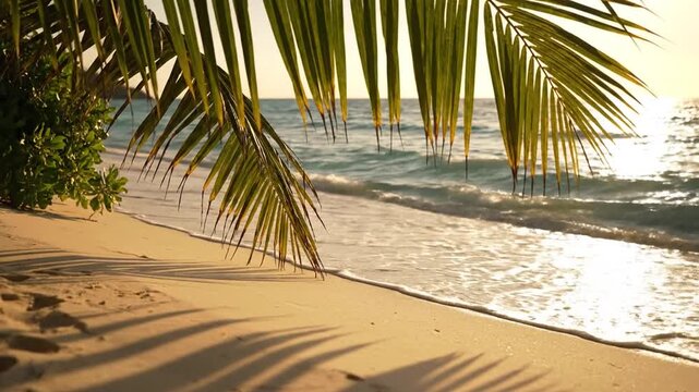 Swaying Palm Fronds Cast Dancing Shadows on a Serene Tropical Beach with Golden Sunlight Reflecting on the Ocean
