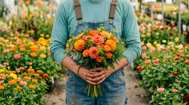 Dedicated gardener proudly presents a vibrant, freshly arranged flower bouquet from the nursery