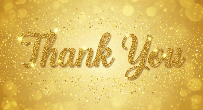 Golden glitter thank you text on a sparkling gold background with bokeh lights, elegant typography for greeting cards, invitations, and celebrations