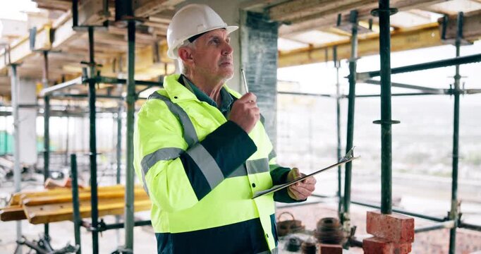 Mature, man and architect with checklist on construction site for scaffolding safety or security. Male person, contractor or civil engineer thinking with clipboard for building, PPE or architecture