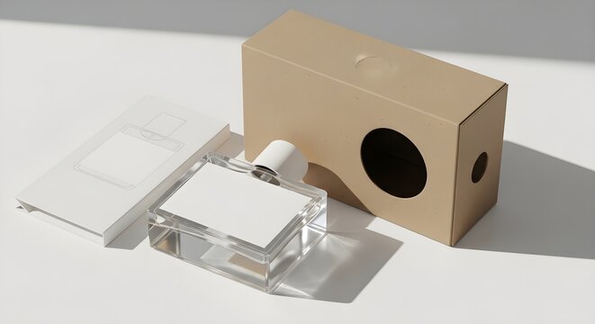 Minimalist perfume bottle with blank white label and matching cardboard packaging box, set on a clean surface with soft natural lighting