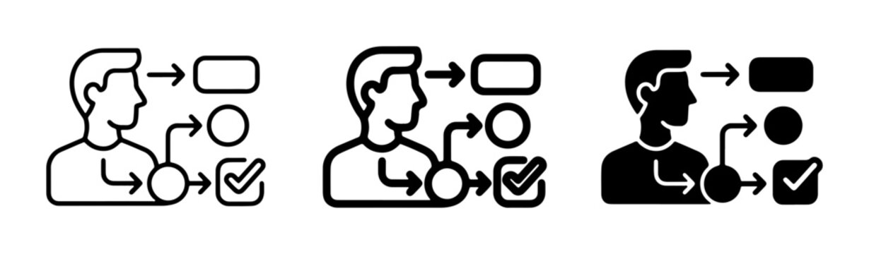 Process Flow Icon Set, Workflow Diagram, Task Management, Step-by-Step Guide, Decision Tree, Checklist, Business Strategy, Human Silhouette, Vector Graphics