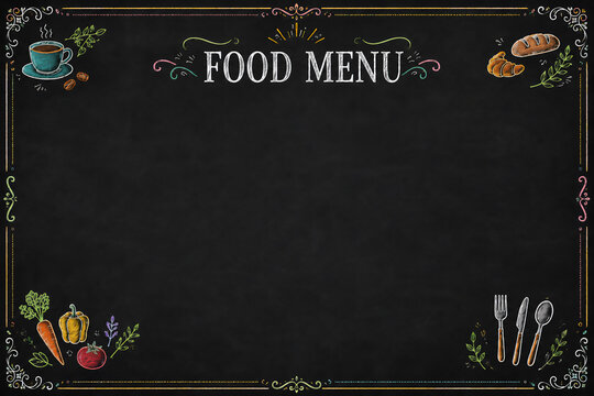 Colorful Chalkboard Food Menu Background with Hand Drawn Food Illustrations and Decorative Border