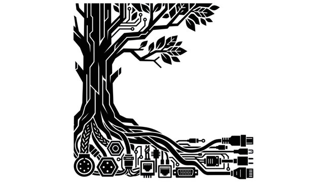 Digital Technology Tree with Cable Roots Vector Illustration